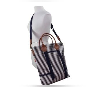 Striped Navy Tote Bag with Brown Accents